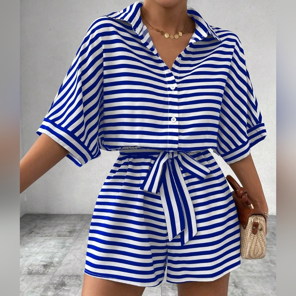 Blue and White Striped Button-Up Romper